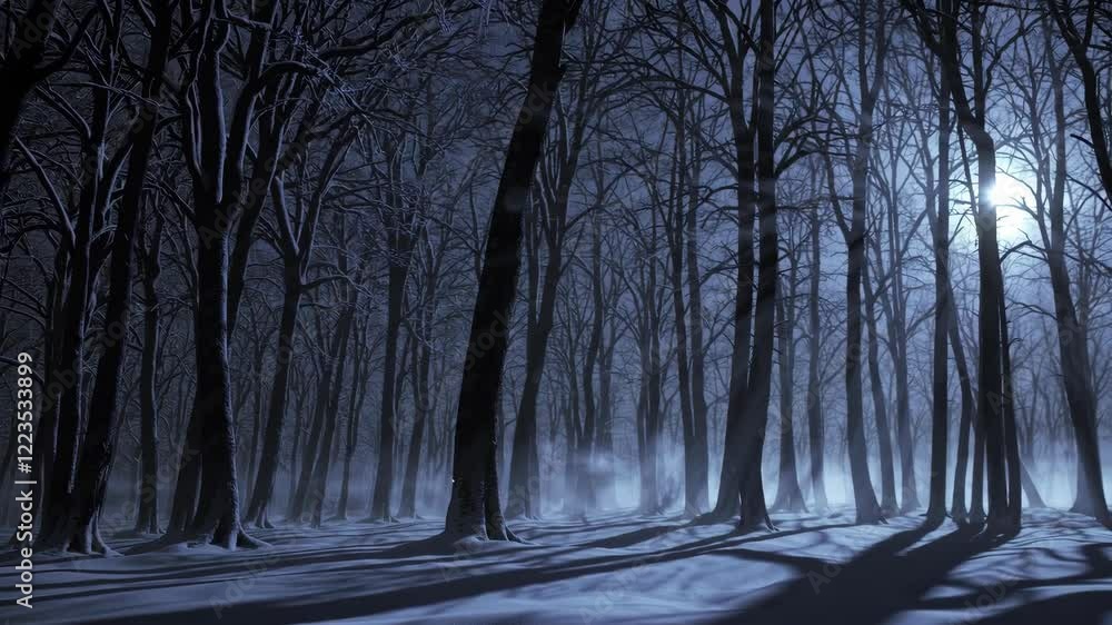 Dark winter forest background at night. Snow, fog, moonlight Dark winter forest background at night. Snow, fog, moonlight