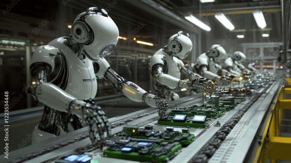 Robots Assemble Electronic Components on an Automated Assembly Line Robots Assemble Electronic Components on an Automated Assembly Line