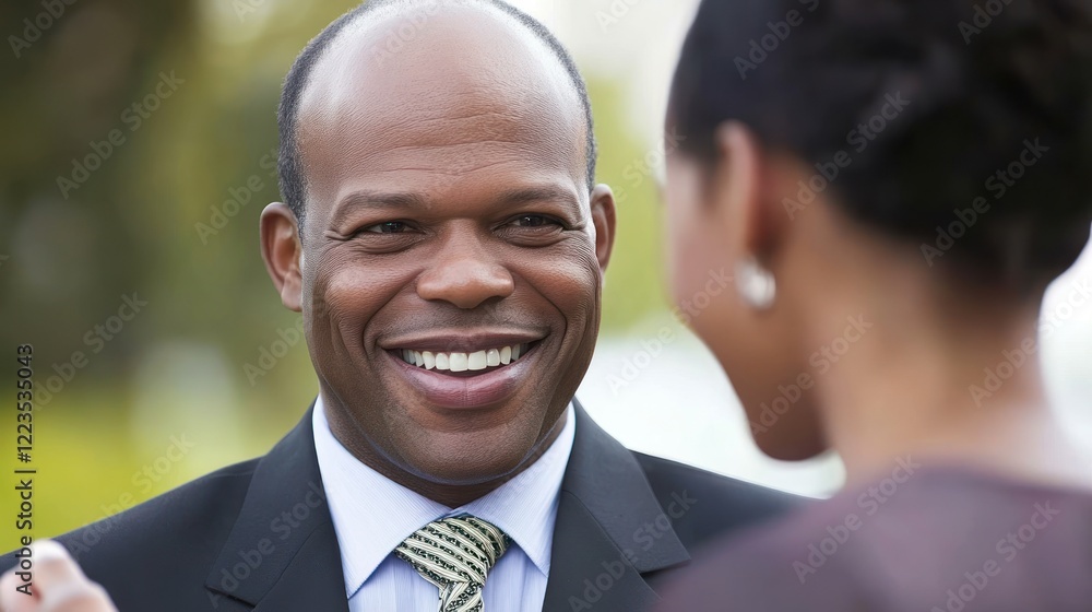 Happy businessman smiling while speaking with a colleague Happy businessman smiling while speaking with a colleague