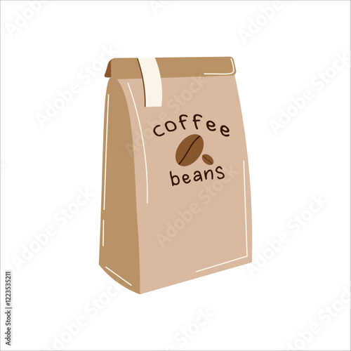Flat-style illustration of a coffee bean bag with minimalist design, ideal for branding, packaging, coffee shop decor, or cafe-themed projects.