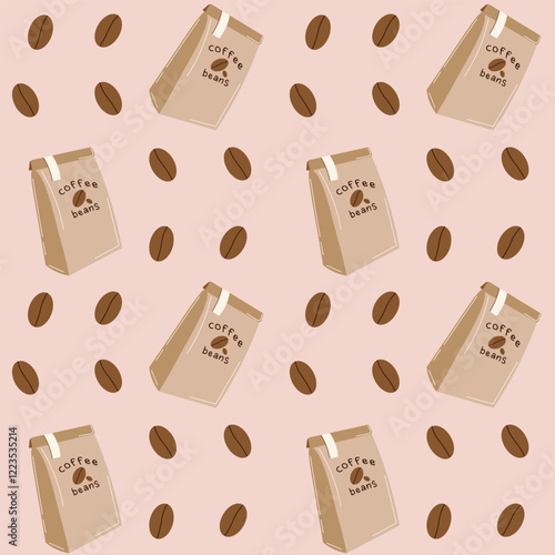 Flat-style seamless pattern featuring coffee bags and beans on a light pink background. Ideal for cafe branding, packaging, textile prints, or digital designs.