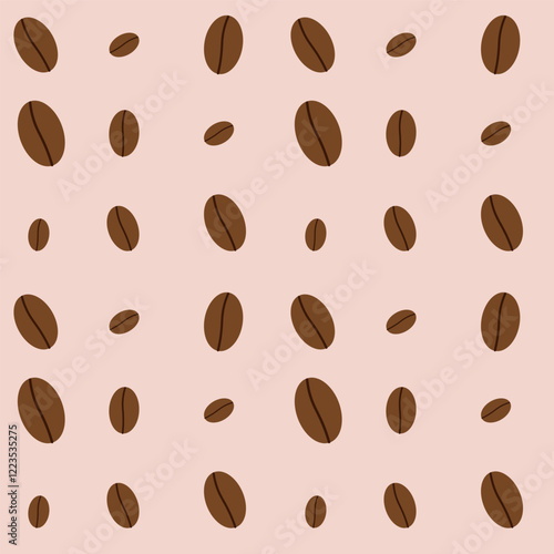 Flat-style seamless pattern with coffee beans on a brown background. Perfect for cafe branding, packaging, textiles, or digital designs.