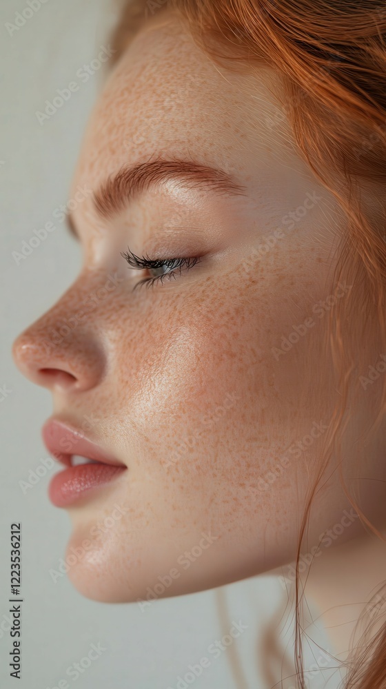 Obraz premium Close-up of a woman with red hair and freckles in soft light