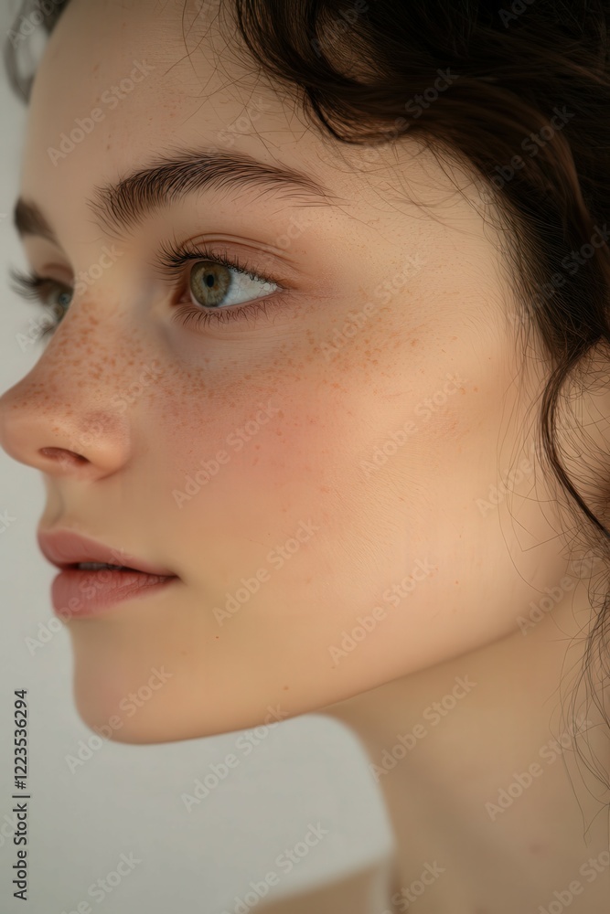 Portrait of a young woman with freckled skin and green eyes Portrait of a young woman with freckled skin and green eyes