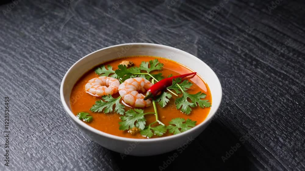 Delicious and aromatic spicy soup featuring shrimp, mushrooms, and fresh herbs on dark background Delicious and aromatic spicy soup featuring shrimp, mushrooms, and fresh herbs on dark background