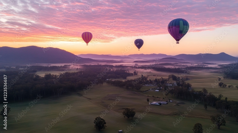 Obraz premium Hot Air Balloons Soaring Over Misty Valley Sunrise