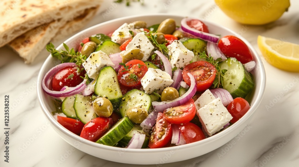 A classic Greek salad with cucumbers, tomatoes, olives A classic Greek salad with cucumbers, tomatoes, olives