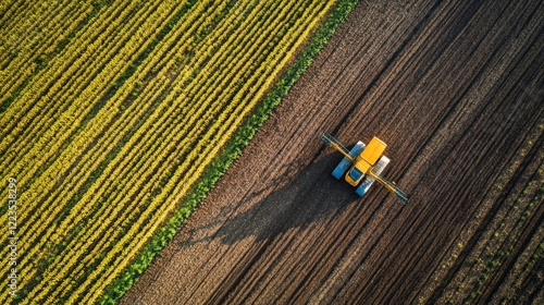 Aerial View of Agricultural Machinery Working in Fields