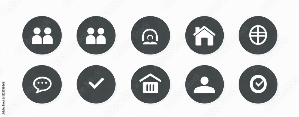 Set of round icons, black and white color palette, vector graphics, elements for contact information on business cards