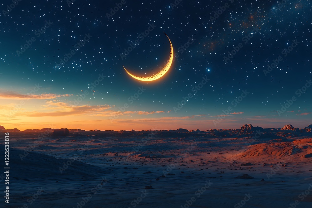 Crescent Moon Over Tranquil Desert Landscape at Twilight with Starry Sky
Crescent Moon Over Tranquil Desert Landscape at Twilight with Starry Sky