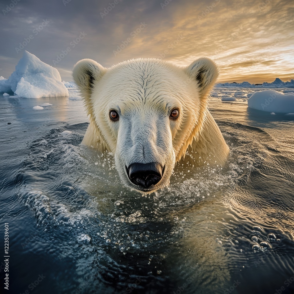 Naklejka premium A stunning polar bear swims through icy waters, showcasing the beauty of Arctic wildlife and the urgent need for environmental conservation.