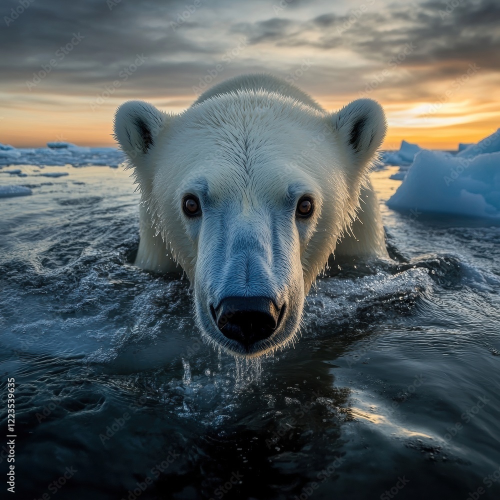 Naklejka premium A majestic polar bear emerges from icy waters at sunset, capturing the beauty of nature and the urgency of climate change.