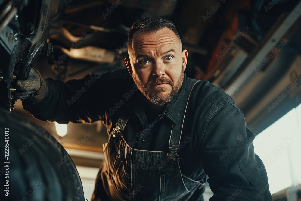 Serious male mechanic working under a vehicle in a garage. Serious male mechanic working under a vehicle in a garage.