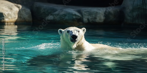 A majestic polar bear swimming in clear water, showcasing the beauty of wildlife. Perfect for nature conservation and animal welfare themes.