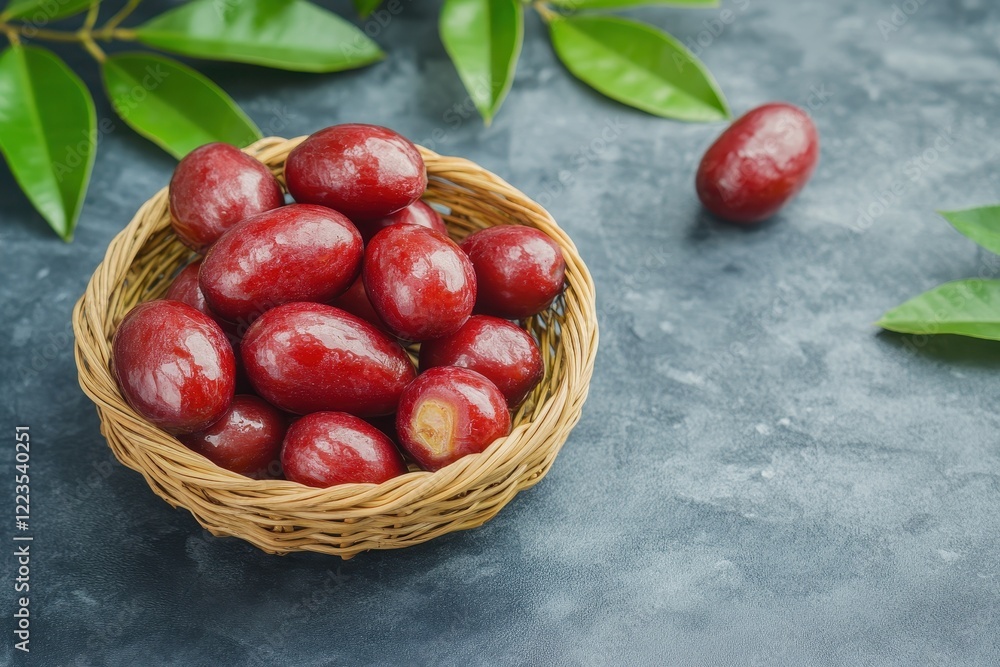 A basket of ripe Taiwanese Jujube on a gray table A basket of ripe Taiwanese Jujube on a gray table