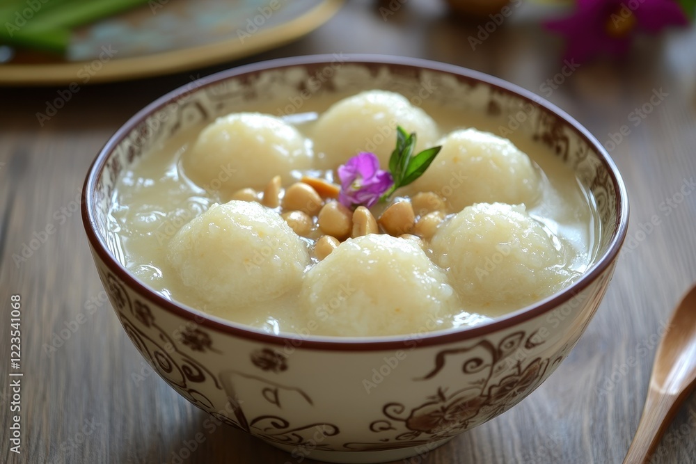 A classic Chinese dessert enjoyed on Yuan Xiao Festival featuring glutinous rice balls filled with peanuts in sweet peanut soup A classic Chinese dessert enjoyed on Yuan Xiao Festival featuring glutinous rice balls filled with peanuts in sweet peanut soup