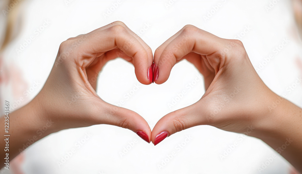 Fototapeta premium Hands forming a heart shape, symbolizing love and care. Isolated on a white background, with closeup of fingers showing a romantic gesture. Elegant woman’s hands with red manicure,