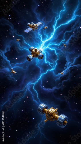 Futuristic space exploration with advanced spacecraft navigating cosmic lightning.