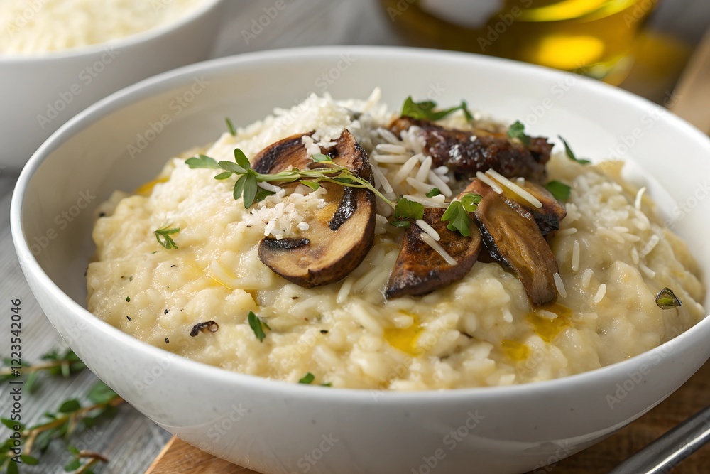 Italian risotto with creamy Arborio rice, sautéed mushrooms, Parmesan cheese, and a drizzle of truffle oil Italian risotto with creamy Arborio rice, sautéed mushrooms, Parmesan cheese, and a drizzle of truffle oil
