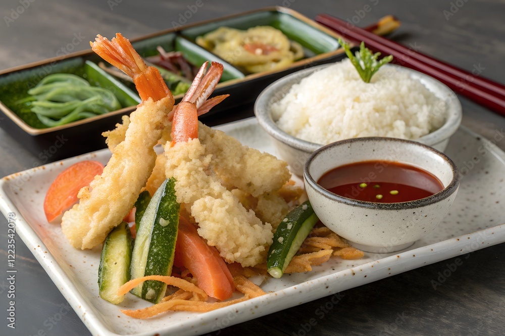 Japanese tempura with crispy battered shrimp and assorted vegetables, served with a dipping sauce and a side of steamed rice