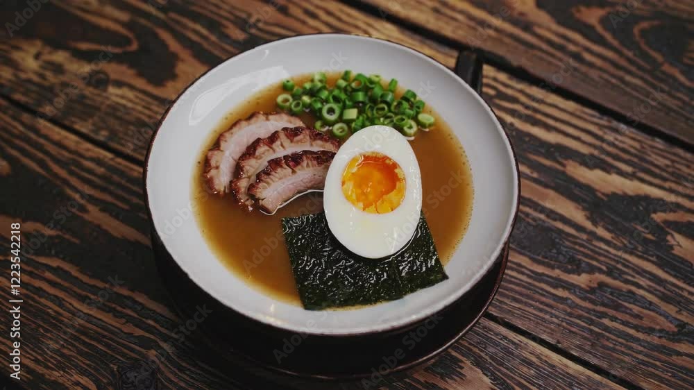 Delicious ramen bowl featuring tender pork, soft-boiled eggs, scallions, and nori, served on a rustic wood backdrop Delicious ramen bowl featuring tender pork, soft-boiled eggs, scallions, and nori, served on a rustic wood backdrop