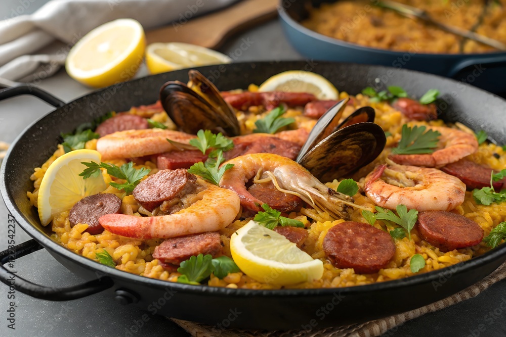Fototapeta premium Spanish paella brimming with saffron-infused rice, succulent shrimp, mussels, clams, and slices of chorizo sausage, garnished with lemon wedges and parsley