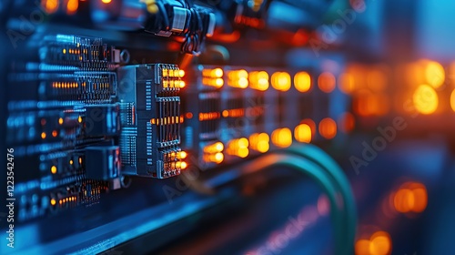 Close-Up View of Circuit Board Components with Illuminated LEDs in Data Center Equipment photo