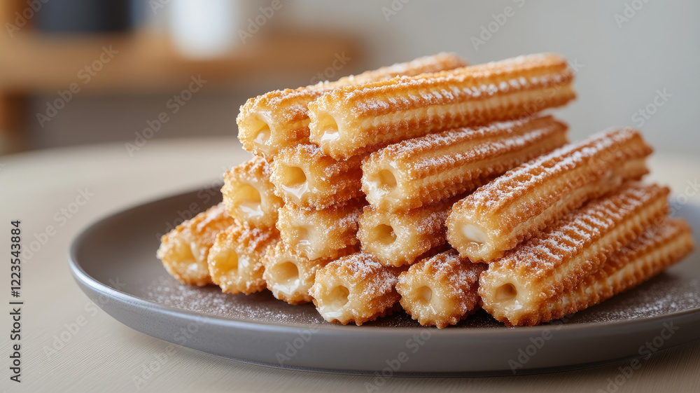 Stack of churros on a plate with sugar dusting. Stack of churros on a plate with sugar dusting.