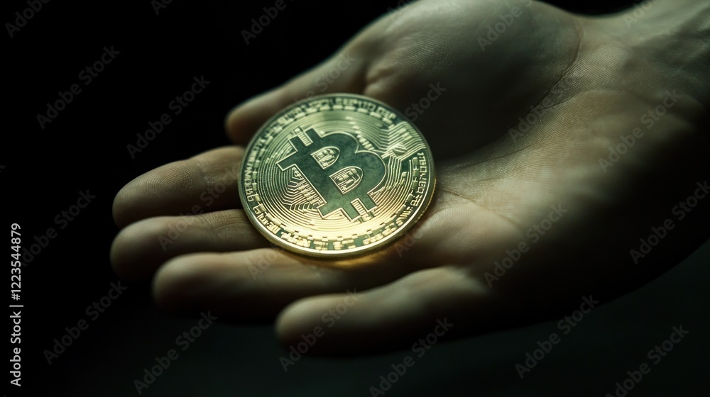 A golden cryptocurrency rests gently in a human hand A golden cryptocurrency rests gently in a human hand