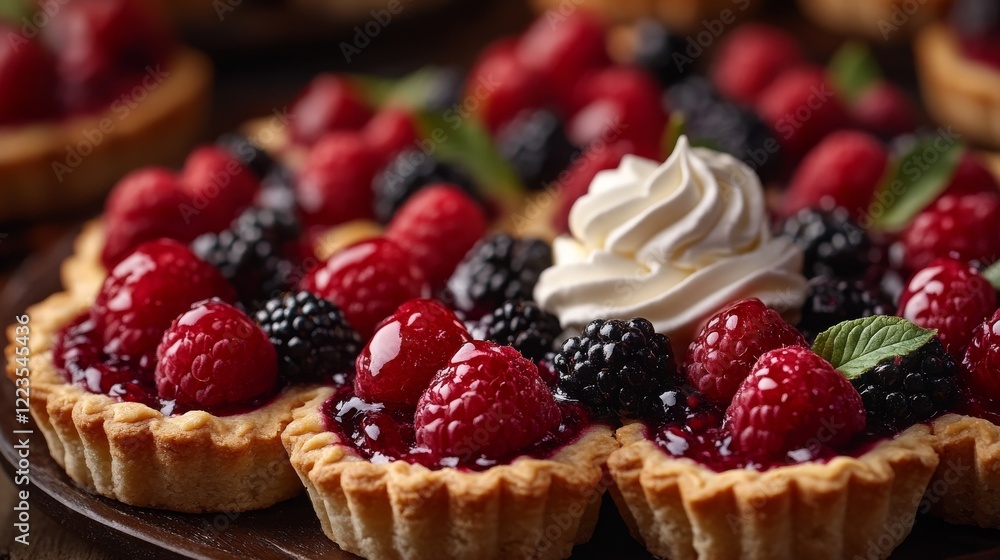 Summer Treats a platter of freshly baked, golden-brown summer fruit tarts, filled with vibrant berries and a dollop of whipped cream, capturing the essence of indulgent yet light summer desserts Summer Treats a platter of freshly baked, golden-brown summer fruit tarts, filled with vibrant berries and a dollop of whipped cream, capturing the essence of indulgent yet light summer desserts