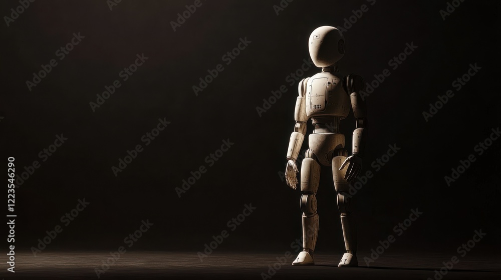 Futuristic humanoid robot in minimalist lighting on dark background Futuristic humanoid robot in minimalist lighting on dark background