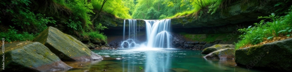 Serene waterfall amidst lush greenery and stones, nature, forest Serene waterfall amidst lush greenery and stones, nature, forest