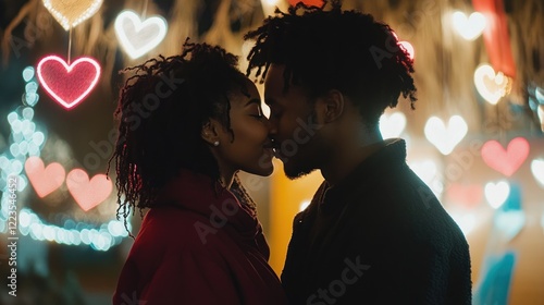 Couple sharing a tender kiss amidst heart shaped lights photo