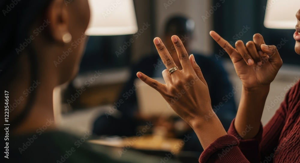Close-up of people using sign language indoors Close-up of people using sign language indoors