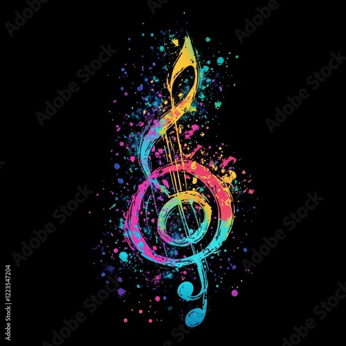 Vibrant Rainbow Treble Clef: A Splatter-Paint Music Design
