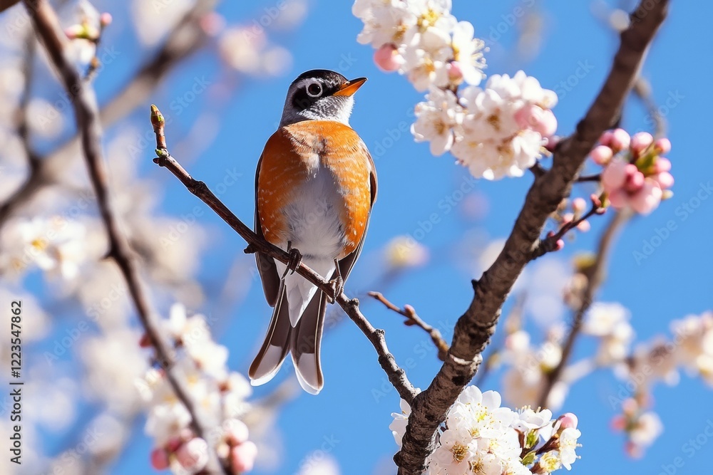 A robin is seen perched gracefully on a tree branch filled with delicate blossoms, set against a backdrop of a bright blue sky, capturing the beauty of springtime A robin is seen perched gracefully on a tree branch filled with delicate blossoms, set against a backdrop of a bright blue sky, capturing the beauty of springtime