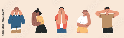 Set of unhappy, frustrated and upset people, mental psychological disorder concept. Burnout characters in bad mood, depression, ADHD, anxiety and grief, flat vector illustrations isolated background