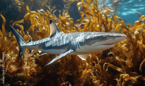 Stunning Underwater Shot of a Juvenile Sevengill Shark Gracefully Navigating a Kelp Forest photo