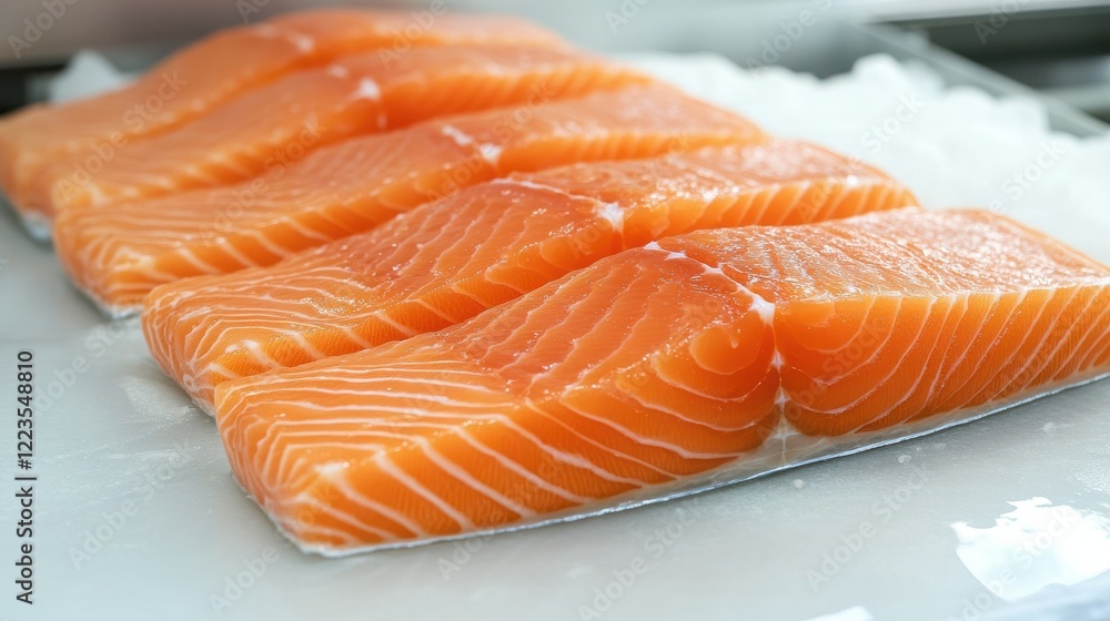 Fresh salmon fillets on ice displayed at seafood market Fresh salmon fillets on ice displayed at seafood market