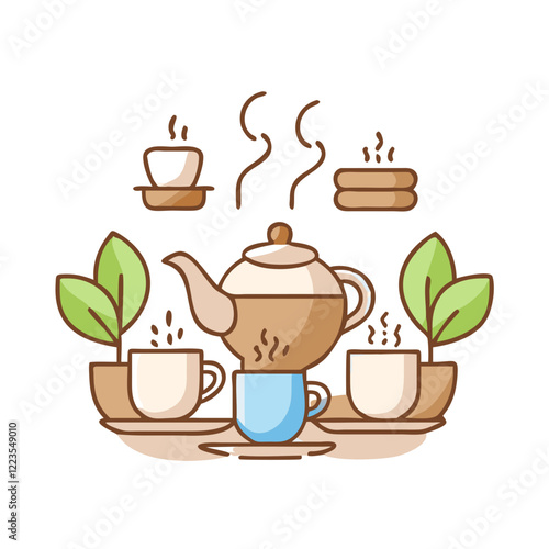 Elegant tea ceremony set with steaming teapot