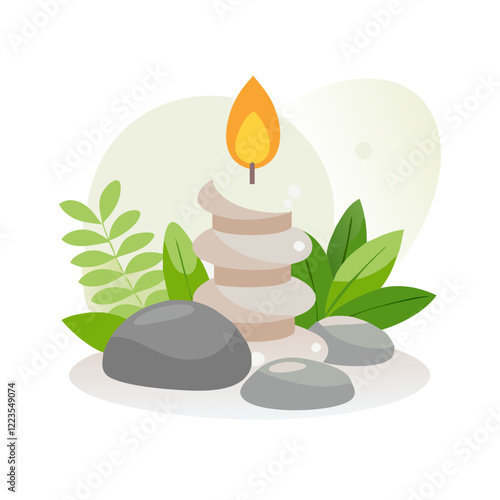 Zen stone stack with candle and green leaves