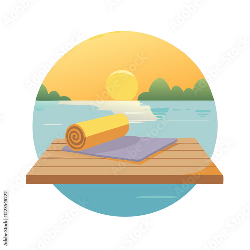 Floating yoga mat on peaceful lake at sunset