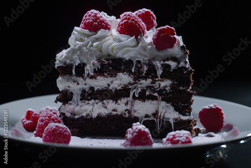 Delicious Chocolate Cake With Whipped Cream and Raspberries photo