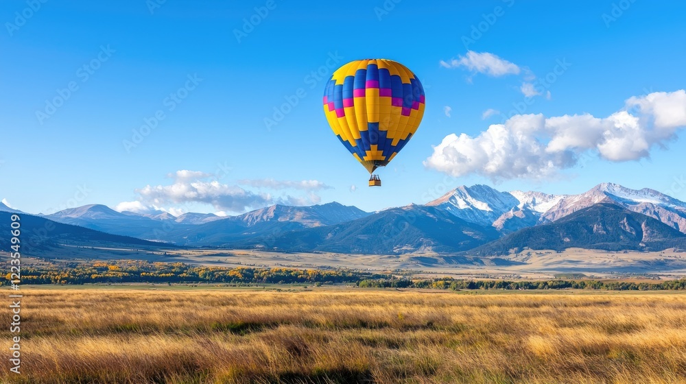 Obraz premium Hot air balloon flight over autumnal valley, snow-capped mountains. Travel, tourism photo