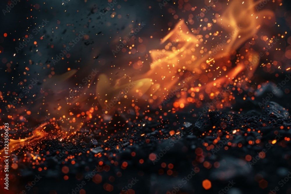 Intense heat and glowing sparks rising from burning embers creating a fiery spectacle Intense heat and glowing sparks rising from burning embers creating a fiery spectacle