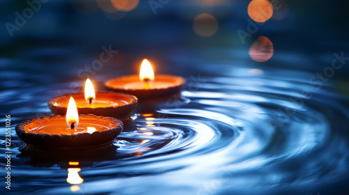 Serene Maha Shivaratri Inspired Scene with Glowing Diyas on Rippling Water. Concept of Spirituality, Tranquility, Peaceful Reflection. Copy Space photo