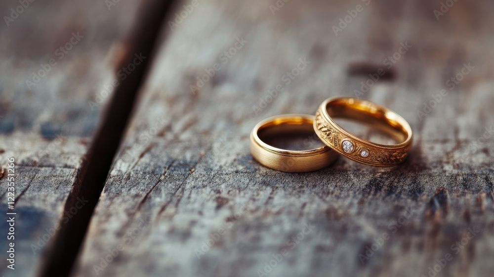 Close-up of elegant gold wedding rings on rustic wooden surface Close-up of elegant gold wedding rings on rustic wooden surface