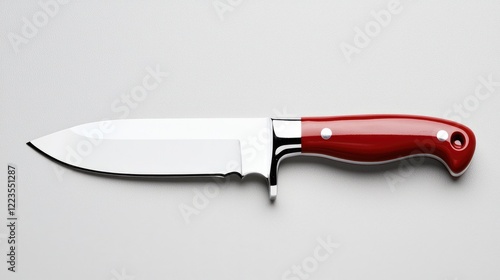 Red-handled hunting knife on white background; sharp blade,  outdoor use photo