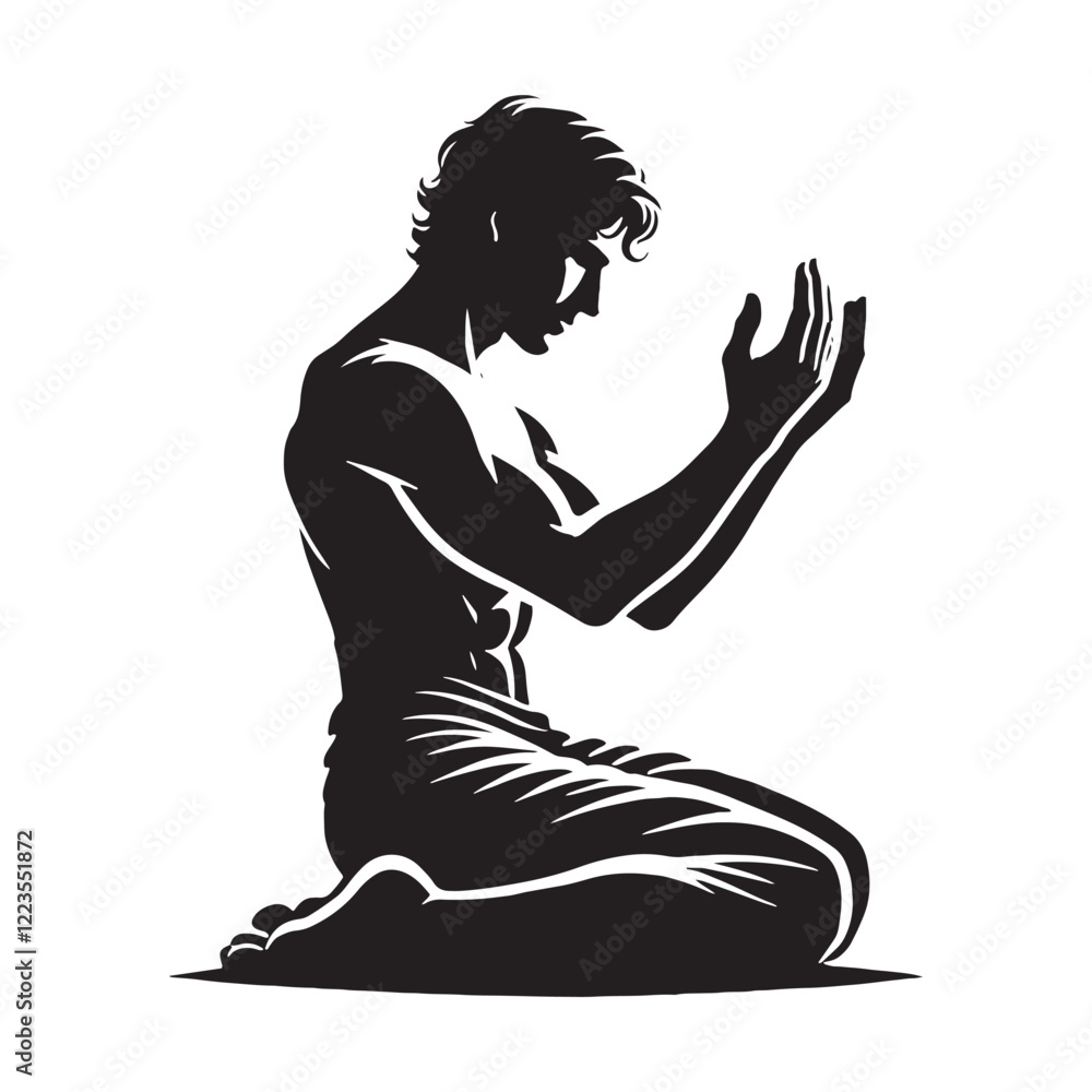 Fototapeta premium Tranquil praying person depicted in silhouette for calm art - praying person silhouette - praying person vector - praying person illustration - praying silhouette - praying vector 