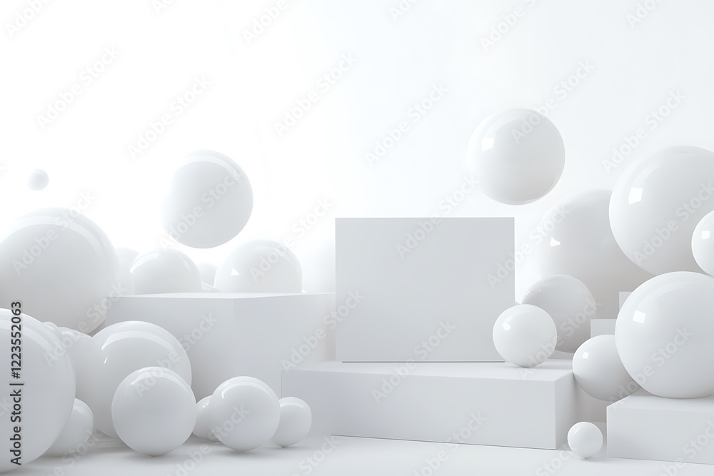 White minimalist product display with a backdrop of cubic and spherical balloons, ideal for sleek presentations. White minimalist product display with a backdrop of cubic and spherical balloons, ideal for sleek presentations.